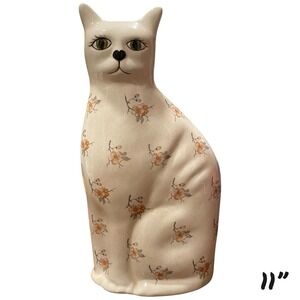 Vintage Ceramic Cat Statue Figurine 1993 Hand Painted Floral Signed Evelyn 11"
